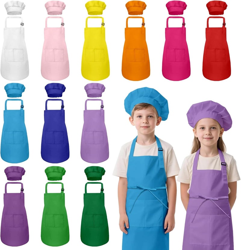 IAGBIBUI Kids Apron and Chef Hat Set, 24 Pieces Boys Girls Kids Apron with 2 Pockets Adjustable for Cooking Classroom Baking Painting, 6-13 Years, Bright Color - Image 1